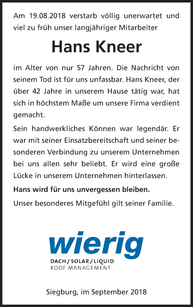  Traueranzeige für Hans Kneer vom 14.09.2018 aus Kölner Stadt-Anzeiger / Kölnische Rundschau / Express