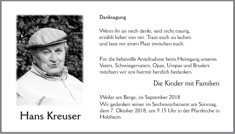  Traueranzeige für Hans Kreuser vom 29.09.2018 aus  Blickpunkt Euskirchen 