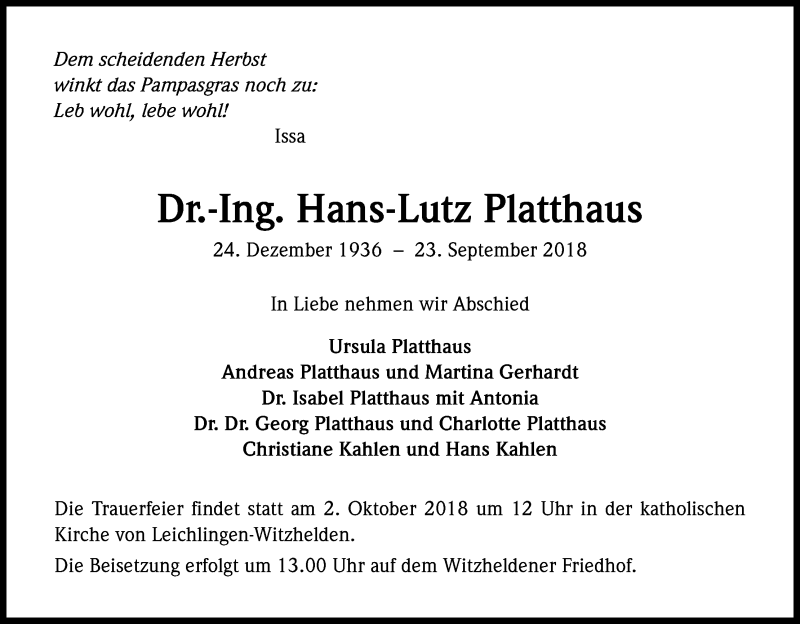  Traueranzeige für Hans-Lutz Platthaus vom 26.09.2018 aus Kölner Stadt-Anzeiger / Kölnische Rundschau / Express