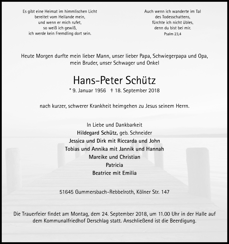  Traueranzeige für Hans-Peter Schütz vom 21.09.2018 aus Kölner Stadt-Anzeiger / Kölnische Rundschau / Express