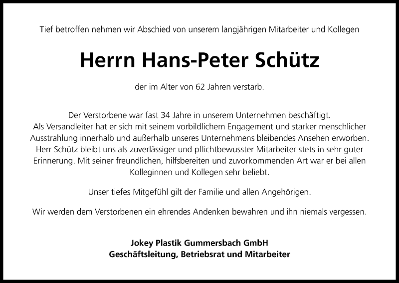  Traueranzeige für Hans-Peter Schütz vom 22.09.2018 aus Kölner Stadt-Anzeiger / Kölnische Rundschau / Express