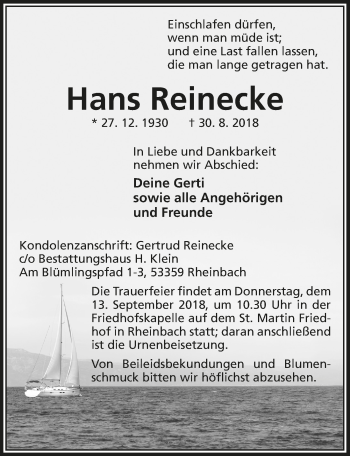 Anzeige von Hans Reinecke von  Blickpunkt Euskirchen 
