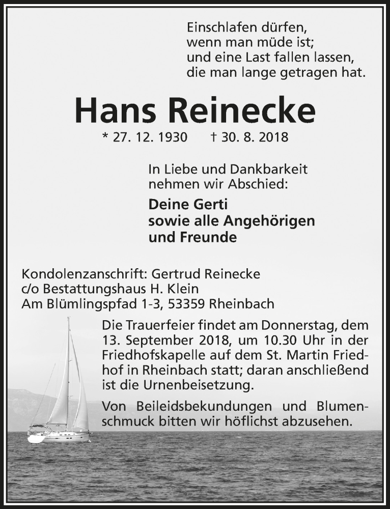  Traueranzeige für Hans Reinecke vom 08.09.2018 aus  Blickpunkt Euskirchen 