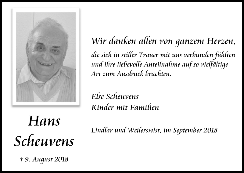  Traueranzeige für Hans Scheuvens vom 29.09.2018 aus Kölner Stadt-Anzeiger / Kölnische Rundschau / Express