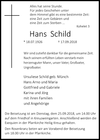 Anzeige von Hans Schild von Kölner Stadt-Anzeiger / Kölnische Rundschau / Express