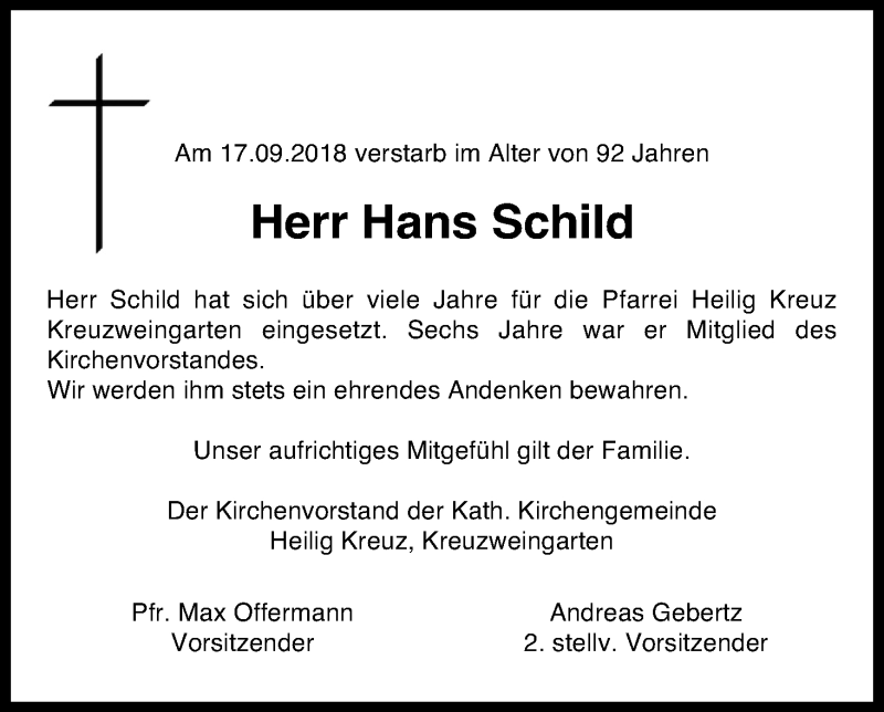  Traueranzeige für Hans Schild vom 29.09.2018 aus Kölner Stadt-Anzeiger / Kölnische Rundschau / Express
