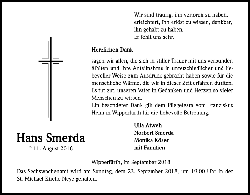  Traueranzeige für Hans Smerda vom 15.09.2018 aus Kölner Stadt-Anzeiger / Kölnische Rundschau / Express