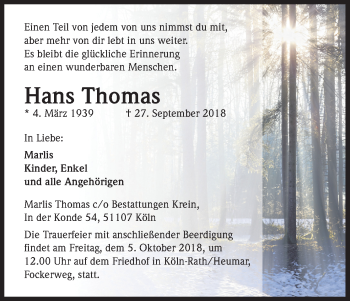 Anzeige von Hans Thomas von Kölner Stadt-Anzeiger / Kölnische Rundschau / Express