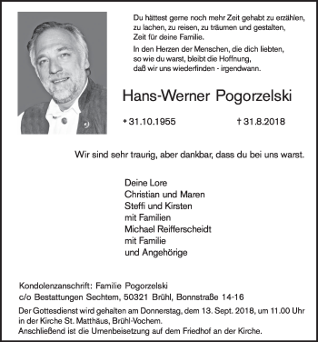 Anzeige von Hans-Werner Pogorzelski von  Schlossbote/Werbekurier 
