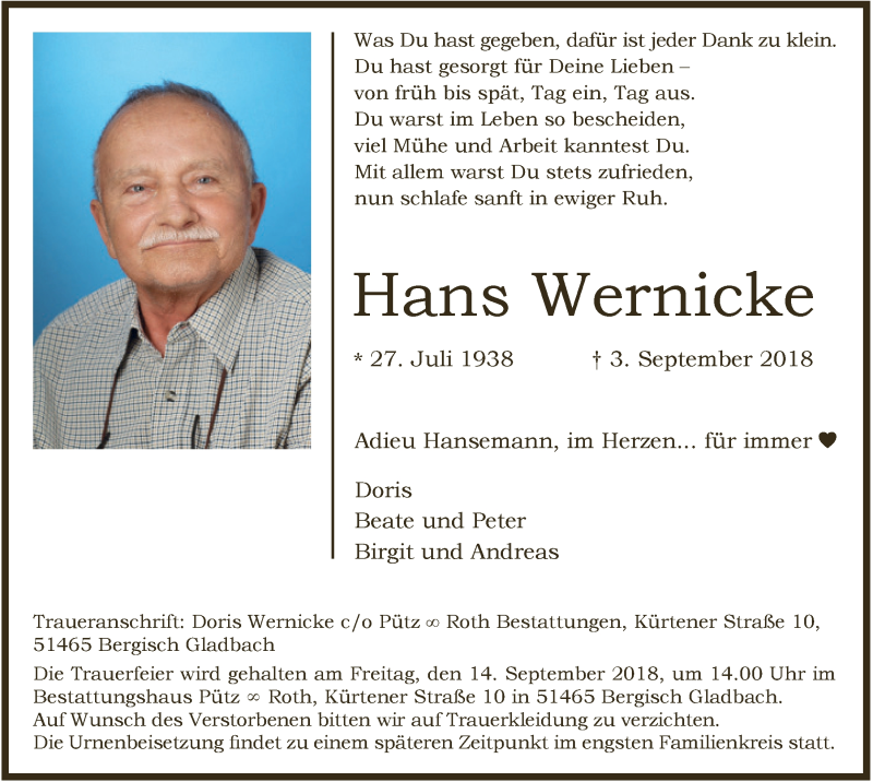  Traueranzeige für Hans Wernicke vom 12.09.2018 aus  Kölner Wochenspiegel 