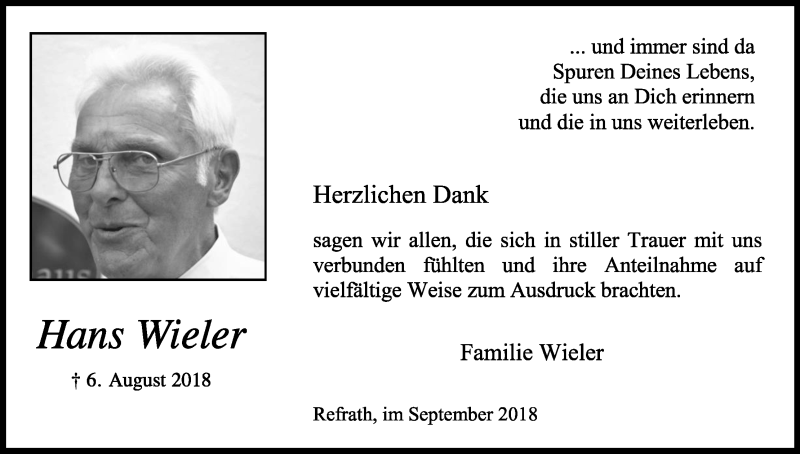  Traueranzeige für Hans Wieler vom 22.09.2018 aus Kölner Stadt-Anzeiger / Kölnische Rundschau / Express