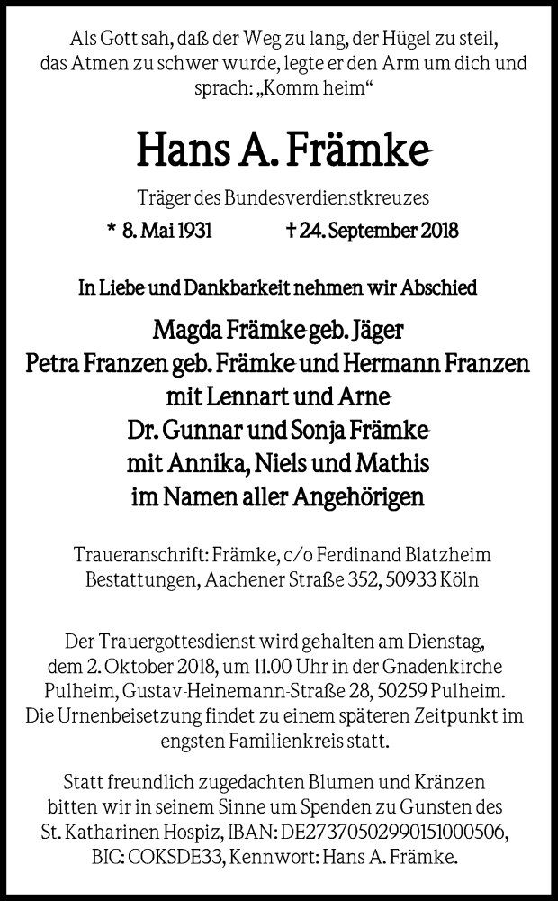  Traueranzeige für Hans A. Främke vom 29.09.2018 aus Kölner Stadt-Anzeiger / Kölnische Rundschau / Express