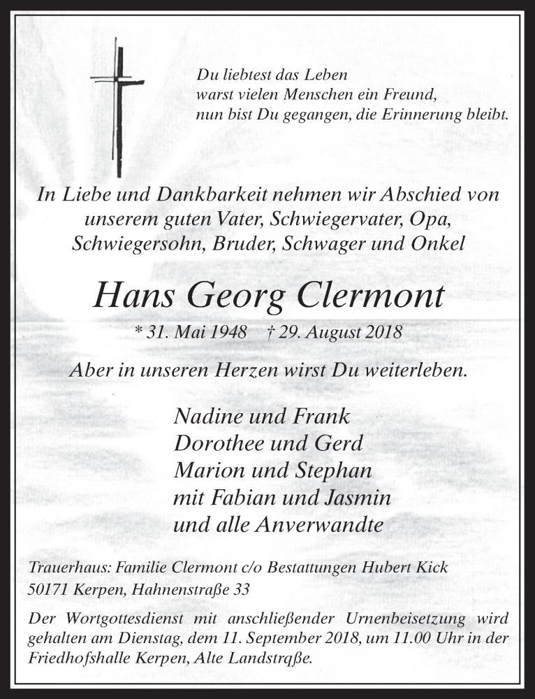  Traueranzeige für Hans Georg Clermont vom 05.09.2018 aus  Werbepost 