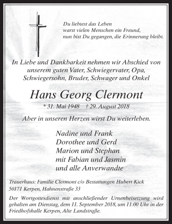 Anzeige von Hans Georg Clermont von  Werbepost 
