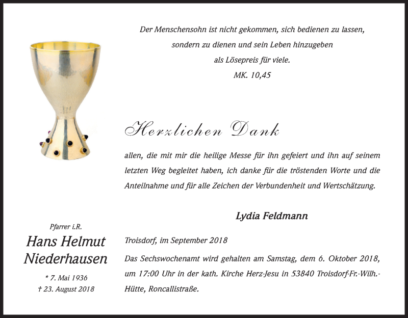  Traueranzeige für Hans Helmut Niederhausen vom 29.09.2018 aus Kölner Stadt-Anzeiger / Kölnische Rundschau / Express