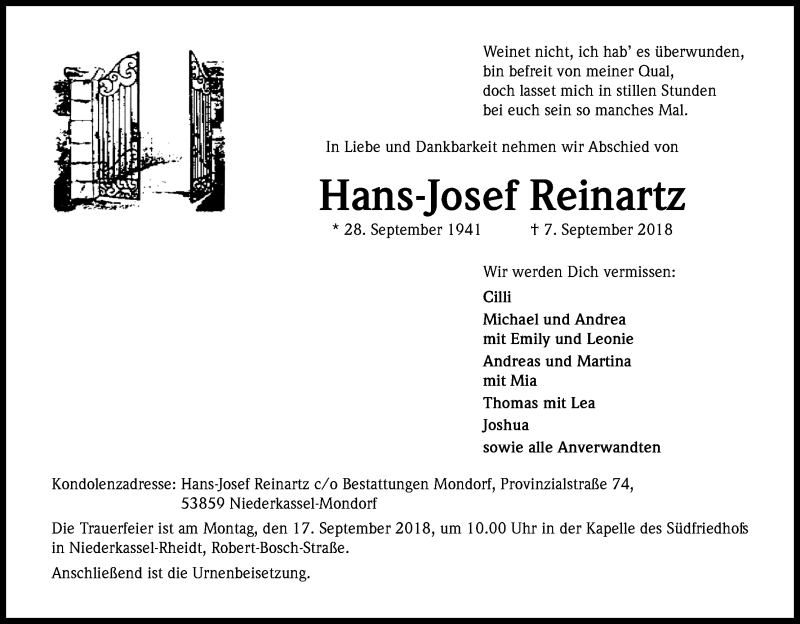  Traueranzeige für Hans Josef Reinartz vom 12.09.2018 aus Kölner Stadt-Anzeiger / Kölnische Rundschau / Express