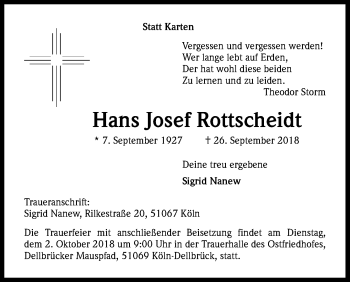 Anzeige von Hans Josef Rottscheidt von Kölner Stadt-Anzeiger / Kölnische Rundschau / Express