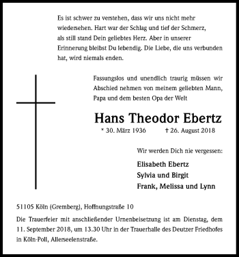 Anzeige von Hans Theodor Ebertz von Kölner Stadt-Anzeiger / Kölnische Rundschau / Express