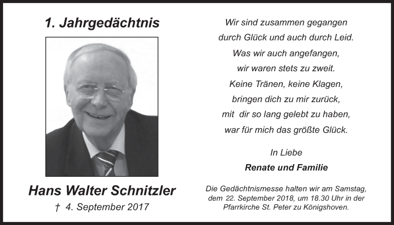  Traueranzeige für Hans Walter Schnitzler vom 12.09.2018 aus  Werbepost 