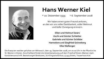 Anzeige von Hans Werner Kiel von Kölner Stadt-Anzeiger / Kölnische Rundschau / Express