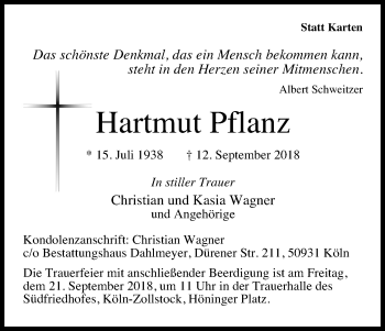 Anzeige von Hartmut Pflanz von Kölner Stadt-Anzeiger / Kölnische Rundschau / Express
