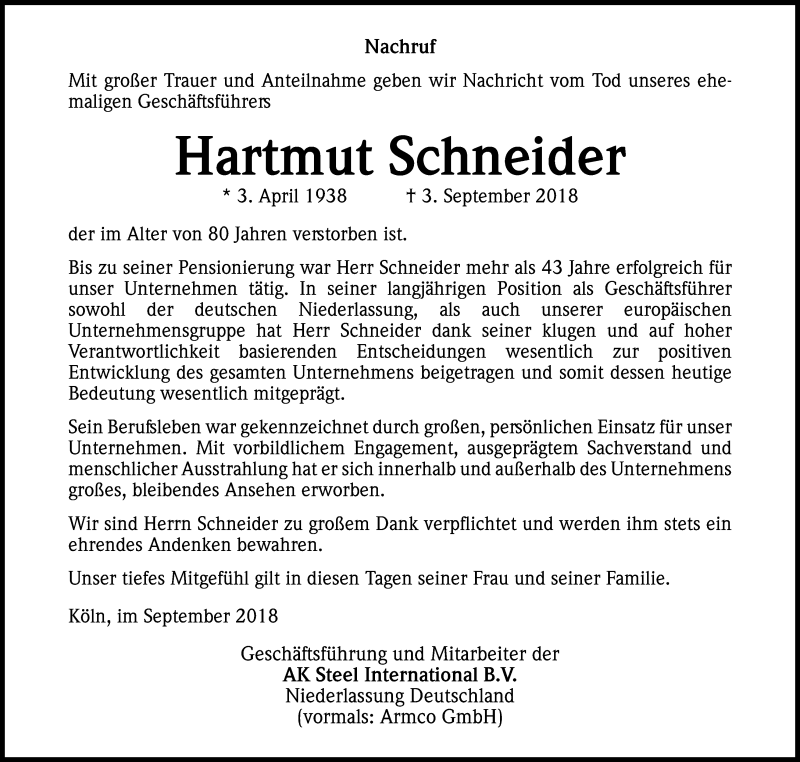  Traueranzeige für Hartmut Schneider vom 12.09.2018 aus Kölner Stadt-Anzeiger / Kölnische Rundschau / Express