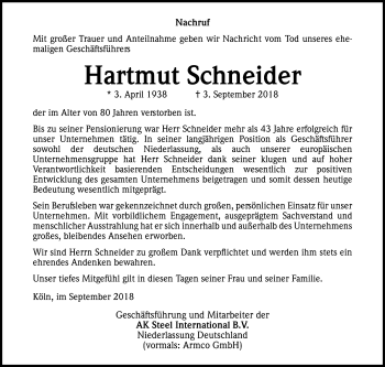 Anzeige von Hartmut Schneider von Kölner Stadt-Anzeiger / Kölnische Rundschau / Express