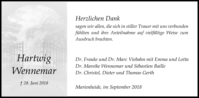 Traueranzeige für Hartwig Wennemar vom 08.09.2018 aus Kölner Stadt-Anzeiger / Kölnische Rundschau / Express