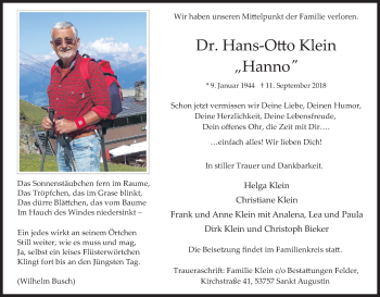 Anzeige von Has-Otto Klein von Kölner Stadt-Anzeiger / Kölnische Rundschau / Express