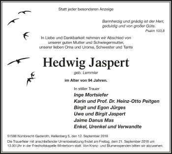Anzeige von Hedwig Jaspert von  Lokalanzeiger 