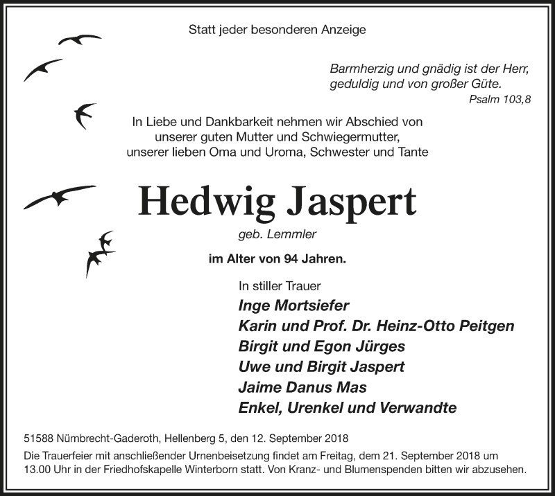  Traueranzeige für Hedwig Jaspert vom 19.09.2018 aus  Lokalanzeiger 