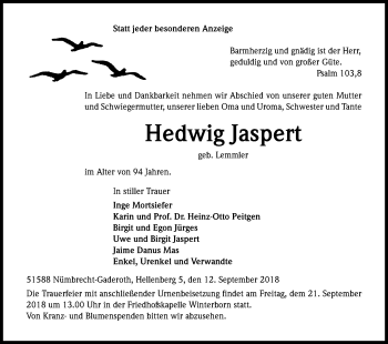 Anzeige von Hedwig Jaspert von Kölner Stadt-Anzeiger / Kölnische Rundschau / Express