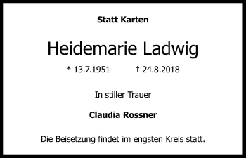 Anzeige von Heidemarie Ladwig von Kölner Stadt-Anzeiger / Kölnische Rundschau / Express