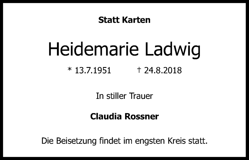  Traueranzeige für Heidemarie Ladwig vom 08.09.2018 aus Kölner Stadt-Anzeiger / Kölnische Rundschau / Express