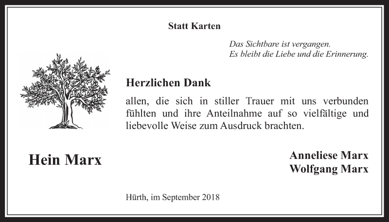  Traueranzeige für Hein Marx vom 05.09.2018 aus  Wochenende  Schlossbote/Werbekurier 