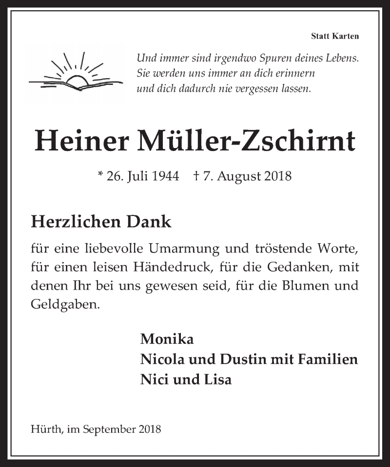  Traueranzeige für Heiner Müller-Zschirnt vom 19.09.2018 aus  Wochenende 