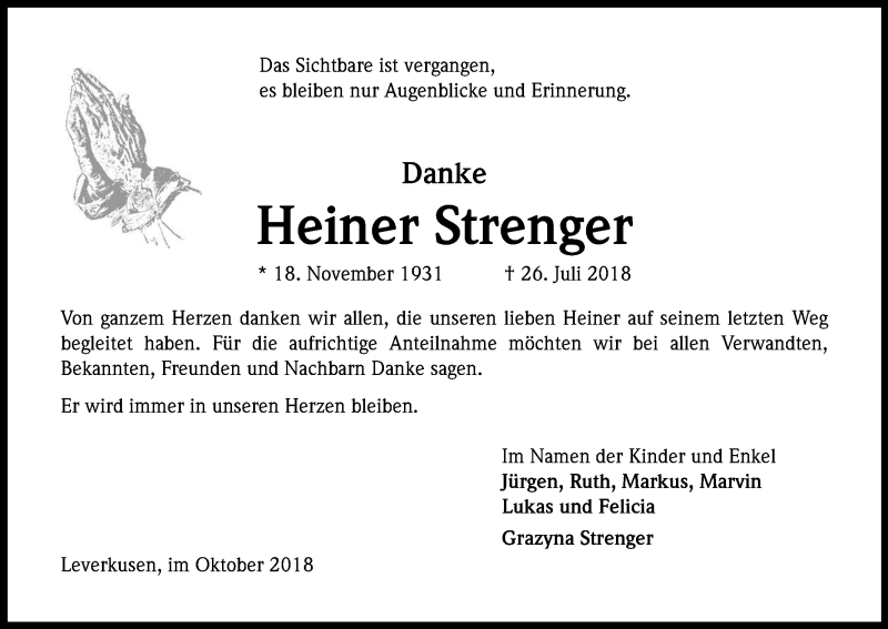  Traueranzeige für Heiner Strenger vom 29.09.2018 aus Kölner Stadt-Anzeiger / Kölnische Rundschau / Express