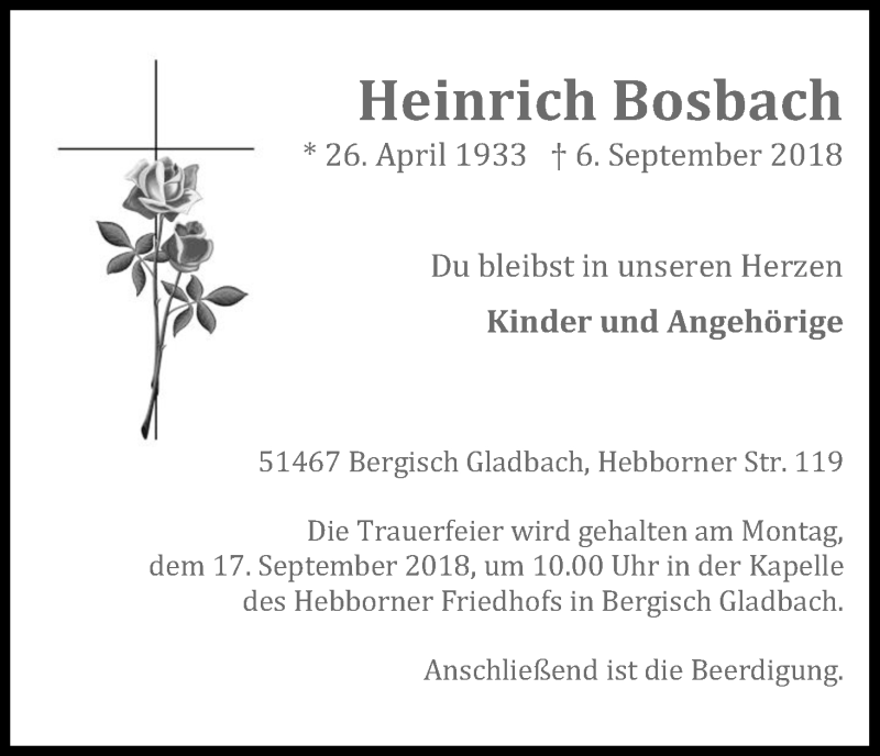  Traueranzeige für Heinrich Bosbach vom 12.09.2018 aus Kölner Stadt-Anzeiger / Kölnische Rundschau / Express