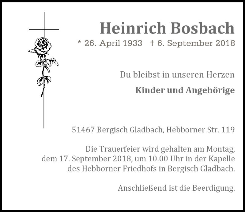  Traueranzeige für Heinrich Bosbach vom 12.09.2018 aus  Bergisches Handelsblatt 