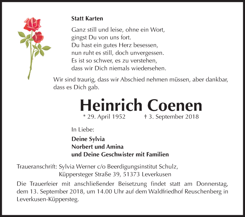  Traueranzeige für Heinrich Coenen vom 08.09.2018 aus Kölner Stadt-Anzeiger / Kölnische Rundschau / Express