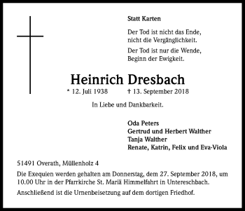 Anzeige von Heinrich Dresbach von Kölner Stadt-Anzeiger / Kölnische Rundschau / Express