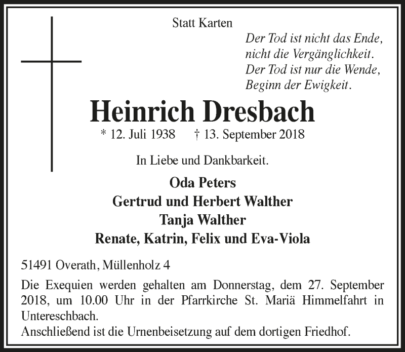  Traueranzeige für Heinrich Dresbach vom 19.09.2018 aus  Bergisches Handelsblatt 