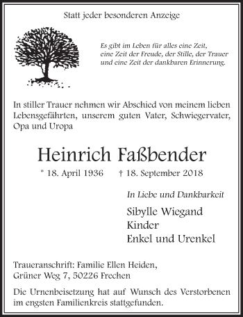 Anzeige von Heinrich Faßbender von  Sonntags-Post 