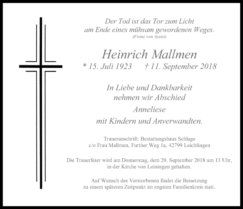  Traueranzeige für Heinrich Mallmen vom 15.09.2018 aus Kölner Stadt-Anzeiger / Kölnische Rundschau / Express