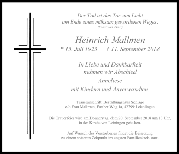 Anzeige von Heinrich Mallmen von Kölner Stadt-Anzeiger / Kölnische Rundschau / Express