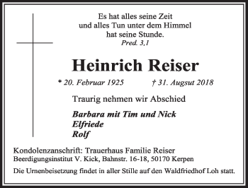 Anzeige von Heinrich Reiser von  Sonntags-Post 