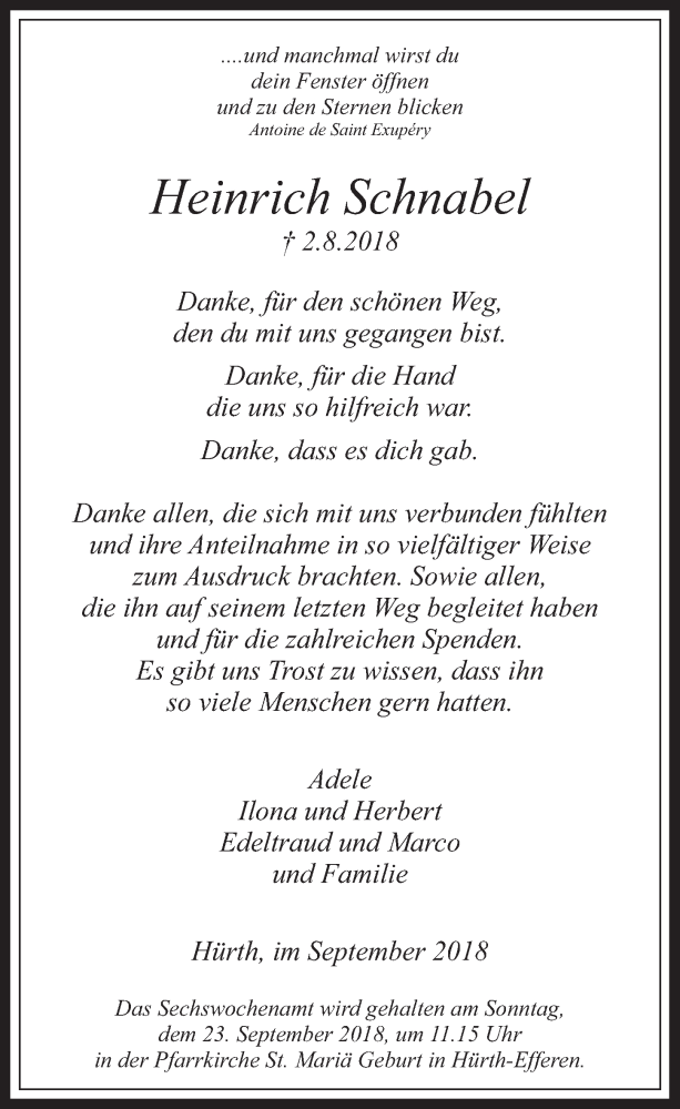  Traueranzeige für Heinrich Schnabel vom 19.09.2018 aus  Wochenende 
