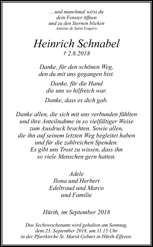  Traueranzeige für Heinrich Schnabel vom 15.09.2018 aus Kölner Stadt-Anzeiger / Kölnische Rundschau / Express