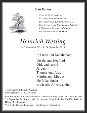 Anzeige von Heinrich Wesling von  Wochenende 