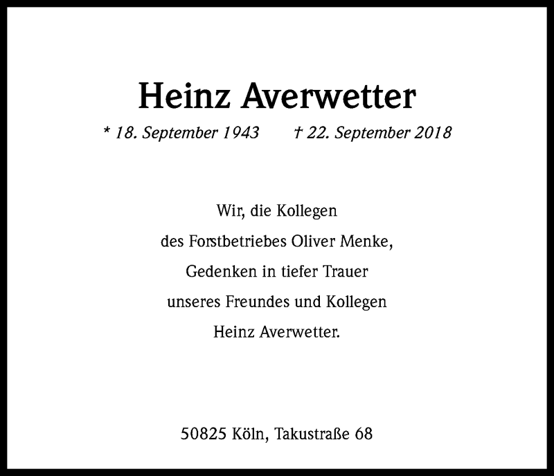  Traueranzeige für Heinz Averwetter vom 29.09.2018 aus Kölner Stadt-Anzeiger / Kölnische Rundschau / Express